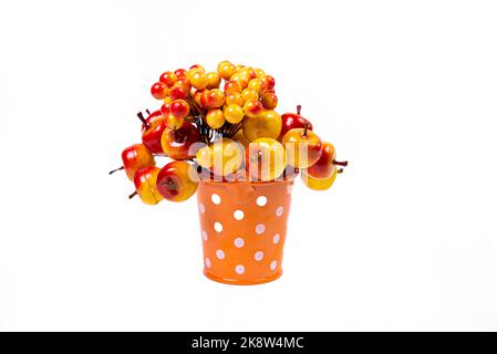 seau à glace en aluminium posé en attente d'utilisation. seaux en acier inoxydable multicolores avec réflexion, fond blanc isolé, avec pommes rouges Banque D'Images