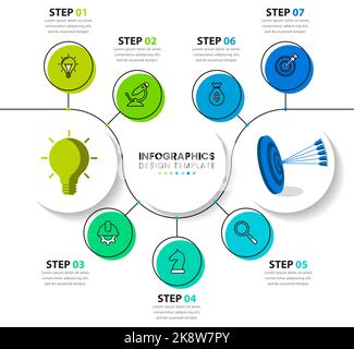 Modèle d'infographie avec icônes et 7 options ou étapes. Cercles. Peut être utilisé pour la mise en page de flux de travail, le diagramme, la bannière, la conception Web. Illustration vectorielle Illustration de Vecteur