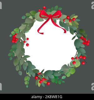 Couronne décorative de Noël avec baies rouges et blanches sur fond sombre. Illustration botanique dessinée à la main. Cadre rond avec plantes d'hiver Banque D'Images