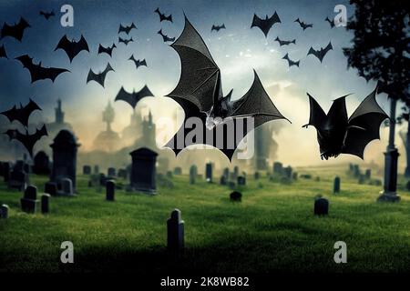 Une invasion de chauves-souris vampire survole un cimetière sombre le soir d'Halloween alors que la pleine lune l'illumine. 3D illustration. Banque D'Images