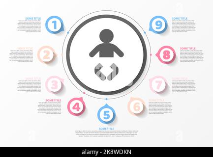 Modèle de conception graphique. Concept créatif en 9 étapes. Peut être utilisé pour la mise en page de flux de travail, le diagramme, la bannière, la conception Web. Illustration vectorielle Illustration de Vecteur