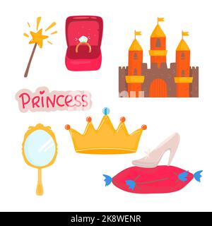 Ensemble de contes de fées et d'éléments de princesse magique dessinés à la main : couronne, poney, étoile, tiara, miroir. Couper l'illustration vectorielle isolée pour la conception de thèmes de fille. D Illustration de Vecteur