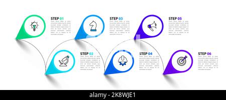 Modèle de conception graphique. Concept créatif en 6 étapes. Peut être utilisé pour la mise en page de flux de travail, le diagramme, la bannière, la conception Web. Illustration vectorielle Illustration de Vecteur