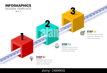 Modèle d'infographie avec icônes et 3 options ou étapes. Peut être utilisé pour la mise en page de flux de travail, le diagramme, la bannière, la conception Web. Illustration vectorielle Illustration de Vecteur