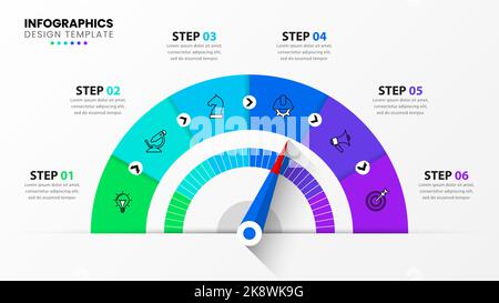 Modèle d'infographie avec icônes et 6 options ou étapes. Pointeur. Peut être utilisé pour la mise en page de flux de travail, le diagramme, la bannière, la conception Web. Illustration vectorielle Illustration de Vecteur