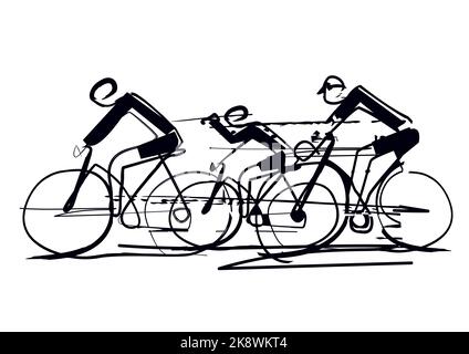 Course cycliste, art stylisé. Noir et blanc Illustration de trois cyclistes. Conception de dessin en ligne continue. Vecteur disponible. Illustration de Vecteur