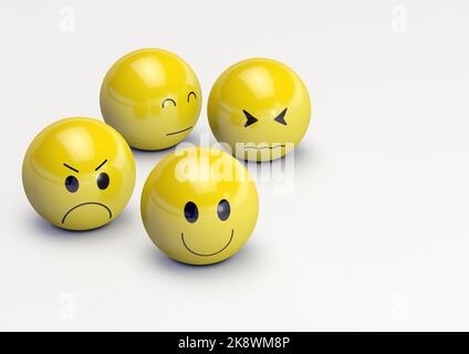 3D illustration d'Emoji avec des expressions faciales de bonheur, de tristesse, de peur et de colère. Banque D'Images