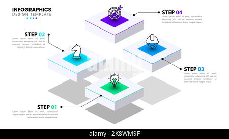 Modèle d'infographie avec icônes et 4 options ou étapes. Escaliers. Peut être utilisé pour la mise en page de flux de travail, le diagramme, la bannière, la conception Web. Illustration vectorielle Illustration de Vecteur