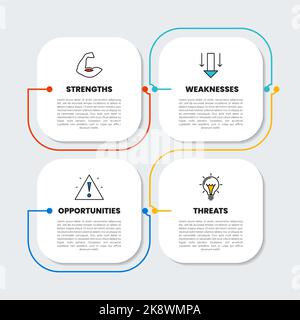 Modèle d'infographie avec icônes et 4 options ou étapes. SWOT. Peut être utilisé pour la mise en page de flux de travail, le diagramme, la bannière, la conception Web. Illustration vectorielle Illustration de Vecteur