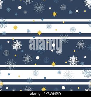 Motif flocons de neige et rayures sans couture. Texture sans couture de Noël dans les couleurs traditionnelles blanches et bleues. Design nouvel an ou hiver. Motif raster Banque D'Images