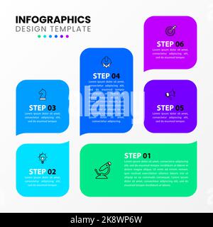 Modèle d'infographie avec icônes et 6 options ou étapes. Carrés. Peut être utilisé pour la mise en page de flux de travail, le diagramme, la bannière, la conception Web. Illustration vectorielle Illustration de Vecteur