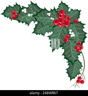 Bordure de Noël avec poinsettia de feuillage, GUI blanc et baies rouges. Guirlande de Noël. Illustration vectorielle pour votre conception. Illustration de Vecteur