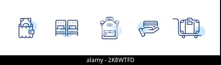 Ensemble d'icônes liées à l'hôtel. Espèces, paiement par carte de crédit, lits simples, sac à dos et bagages. Pixel parfait, contour modifiable Illustration de Vecteur