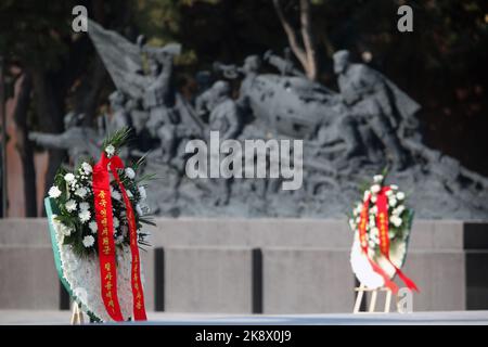 SHENYANG, CHINE - le 25 OCTOBRE 2022 - les citoyens, les étudiants et les descendants des martyrs posent des couronnes et des fleurs pour les martyrs au Cemete des martyrs de Shenyang Banque D'Images