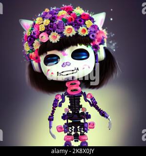 Robots de crâne de sucre célébrant le jour de la mort Festival après Halloween, Androïdes avec les grands yeux et le maquillage de bonbons de crâne pour Dia de los Muertos Banque D'Images