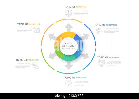 Modèle d'infographie pour les entreprises. Diagramme Mindmap moderne en 6 étapes avec cercles et flèches, infographie de vecteur de présentation. Illustration de Vecteur