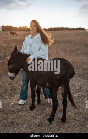 Une fille dans une robe blanche et aérée se dresse avec un âne noir et pose dans la forêt au coucher du soleil, comme dans un conte de fées. Visage bien entretenu avec de beaux cosmétiques. Profitez de la nature et des animaux. Équitation dans la forêt et les montagnes. Photo de haute qualité. Banque D'Images