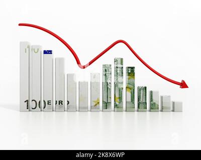 Flèche descendante sur le graphique de vente texturé Euro. 3D illustration. Banque D'Images