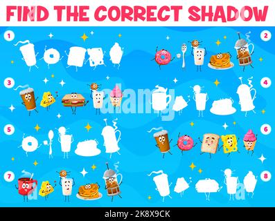 Personnages de la cuisine du petit déjeuner de dessin animé. Trouvez l'ombre correcte. Puzzle Shadow Match, feuille de travail vectorielle de questionnaire de recherche de similarité avec des personnages gais de sandwich, de beignet et de crêpes, de pain grillé, de fromage et de café Illustration de Vecteur