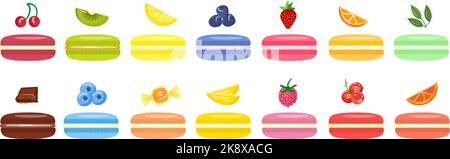Les icônes de macarons définissent le vecteur de dessin animé. Pâtisserie dessert Illustration de Vecteur