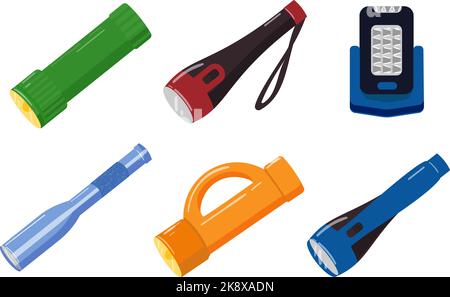 Les icônes de la lampe de poche définissent un vecteur de dessin animé Randonneur de secours Illustration de Vecteur