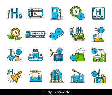 Icônes de couleur hydrogène. L'énergie verte et l'énergie renouvelable symboles simples, le carburant durable et le carburant propre présentent des icônes vectorielles. Chariot avec réservoir de gaz hydrogène, centrale solaire et éolienne, symbole de station de ravitaillement Illustration de Vecteur