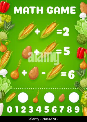 Feuille de calcul de jeu de maths de dessins animés légumes crus. Jeu de jeu Vector pour enfants ou puzzle de comptage avec légumes frais de ferme. Exercices d'addition et de soustraction d'oignon, de maïs et de pomme de terre, de chou, de poivre, de radis Illustration de Vecteur