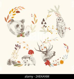Carte vectorielle avec animaux dessinés à la main en couronnes d'automne avec feuilles et Fir Cones Illustration de Vecteur
