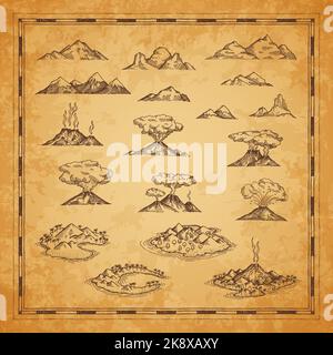 Carte vintage îles, montagnes et volcans esquisses. Cartographie antique éléments vectoriels d'îles fantaisie dessinées à la main entourées d'eau, de sommets de montagne, de volcans éclatés avec magma et fumée Illustration de Vecteur