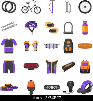 Les icônes d'équipement de cyclisme définissent le vecteur de dessin animé. Équipement de vélo Illustration de Vecteur
