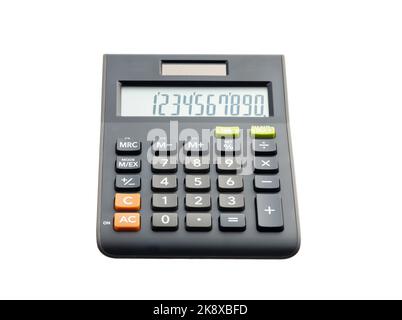 Calculatrice de base isolée sur fond blanc. Banque D'Images