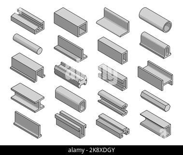 Produits en acier, profilés en fer, profilés en métal, tuyaux, poutres, tôles et barres d'armature, barres de construction vectorielles. Tubes, poutres et tuyaux métalliques en profilés métalliques isométriques, métaux et matériaux de construction Illustration de Vecteur