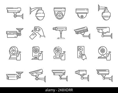 Icônes de vidéosurveillance, caméra pour la surveillance de sécurité et le contrôle vidéo, symboles de lignes vectorielles. Caméras de vidéosurveillance icônes de surveillance vidéo de sécurité, système de sécurité à domicile, caméra de police et de zone privée Illustration de Vecteur