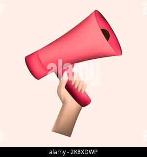 3D revoir le concept SMM. Haut-parleur main. Mégaphone avec icônes de réseaux sociaux. Concept de marketing sur les médias sociaux Illustration de Vecteur