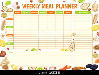 Planificateur de repas hebdomadaire. Fruits secs et baies. Menu de régime horaire hebdomadaire, calendrier quotidien de nourriture saine avec poire séchée, citron, rosehip et figues, banane, pomme, ananas et persimmon, kiwi, papaye Illustration de Vecteur