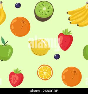 Fond sans couture avec divers fruits tropicaux sur le vert. Citron, fraise, kiwi, banane, orange, motif de fruits Apple Vector Illustration de Vecteur
