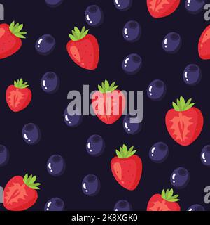 Motif sans couture avec fruits kawaii. Motif gai pour les vêtements pour enfants avec de jolis personnages de fraises et des fraises en tranches sur fond, Illustration de Vecteur