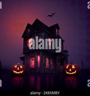 En 3D, on a rendu le fond d'Halloween avec des citrouilles et une maison hantée Banque D'Images