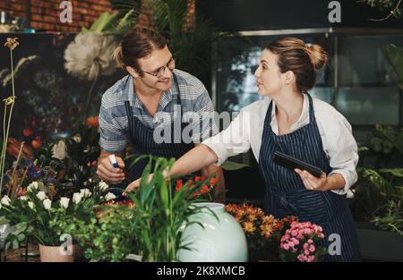 Deux jeunes fleuristes étaient spécialistes dans ce domaine, arrossant des fleurs et travaillant ensemble à l'intérieur de leur pépinière. Banque D'Images