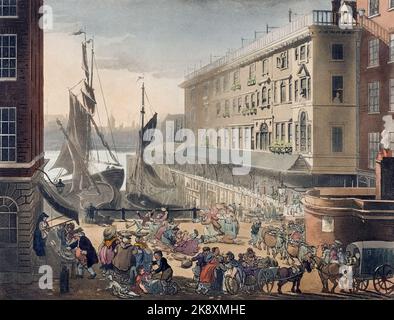 Marché de Billingsgate. Vers 1808. Après un travail d'August Pugin et Thomas Rowlandson dans le microcosme de Londres, publié en trois volumes entre 1808 et 1810 par Rudolph Ackermann. Pugin était l'artiste responsable des éléments architecturaux des images microcosmes; Thomas Rowlandson a été embauché pour ajouter les figures humaines animées. Banque D'Images