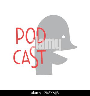 Modèle de vecteur simple pour la couverture de podcast avec silhouette de la personne en conversation et lettres rouges lettrage Podcast Illustration de Vecteur