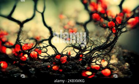 Papier peint de fond abstrait toile de fond d'une croissance organique, semblable à un lichen, de racines fongiques. Réseau de racines noires avec fruits rouges. Banque D'Images