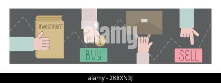 Courtier en actions conservant de l'argent, des pièces, des portefeuilles, des ventes, des achats, apprentissage. Illustration vectorielle de concept pour le Web, présentation. Illustration de Vecteur