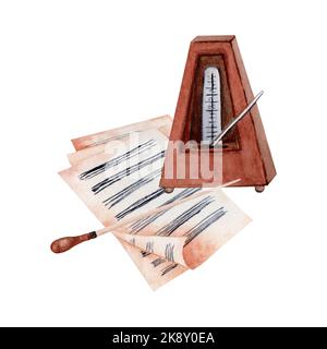 Musique classique avec illustration d'aquarelle Baton et Metronome de Conductor. Musique classique peint à la main sur fond blanc. Banque D'Images