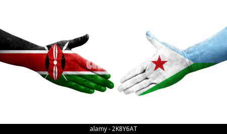 Poignée de main entre Djibouti et le Kenya drapeaux peints sur les mains, image transparente isolée. Banque D'Images