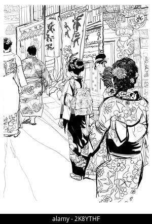 Japon, rue au japon avec des gens dans les vêtements traditionnels - illustration vectorielle (les caracters japonais sont faux - pas de sens) (idéal pour l'impression, pos Illustration de Vecteur