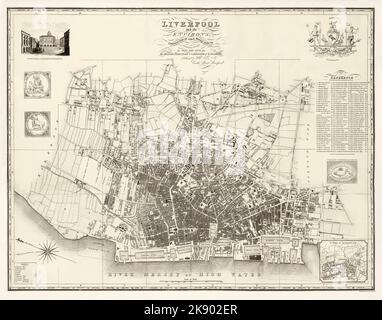 Une carte de William Swire de Liverpool créée en 1824 alors que la ville s'est déplacée dans le 19th siècle avec une liste de quartiers et de points de repère. Les quais s'étendent du Queens Dock, au sud, au North Dock, devenu Waterloo Dock en 1834. Everton était un village de grandes maisons et jardins pour les riches marchands et industriels et l'air pur et les vues sur la rivière. La carte comprend les armoiries de la Corporation of Liverpool avec une représentation de l'oiseau du foie. En bas à droite se trouve une Mapp de Leverpoole 1720, illustrant la ville presque exactement un siècle plus tôt. Banque D'Images