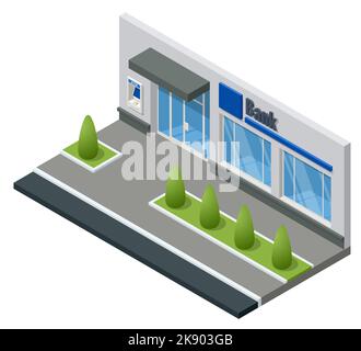 Immeuble de bureaux de succursale de banque isométrique isolé sur blanc. Centre financier. Bâtiment de la banque de la ville sur la rue Illustration de Vecteur