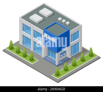 Immeuble de bureaux de succursale de banque isométrique isolé sur blanc. Centre financier. Bâtiment de la banque de la ville sur la rue Illustration de Vecteur