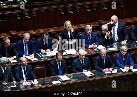 Roma, Italie. 25th octobre 2022. Les bancs du gouvernement pendant la session à la Chambre des députés pour le vote de confiance du gouvernement Meloni 25 octobre 2022 à Rome, Italie. Crédit : Agence photo indépendante/Alamy Live News Banque D'Images